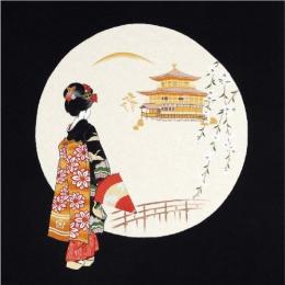 浮世絵風呂敷【丸取金閣に舞妓】(ちりめん友禅染・二巾)