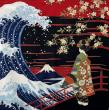 浮世絵風呂敷【浪裏富士に舞妓】(ちりめん友禅染・二巾)